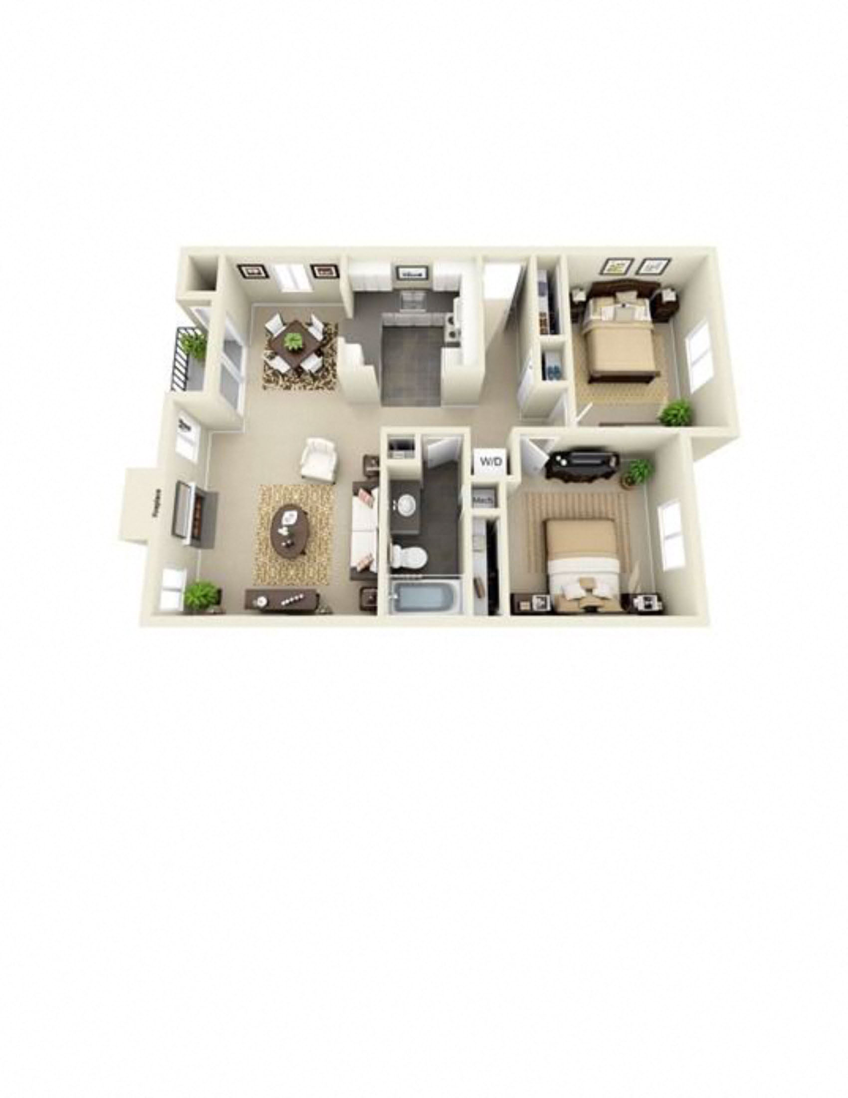 Floor plan for 2 beds, 1 bath, 872 sqft